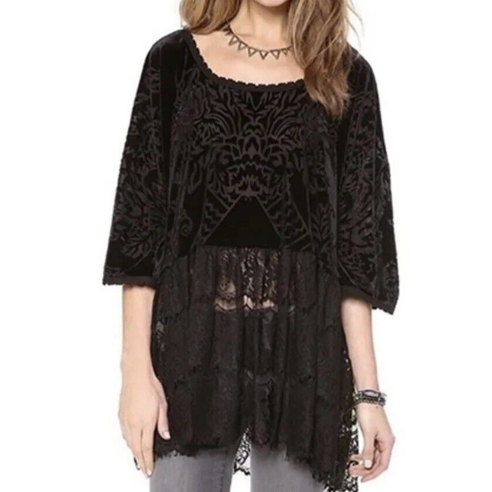 Free People Fortune Teller Velvet Lace Tunic Top Black Size M Witchy Goth Boho